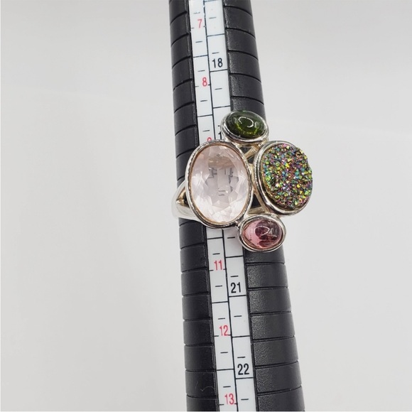 925 Sterling Silver Pink & Green Tourmaline - Pink & Druzy Quartz Statement Ring - Picture 7 of 8